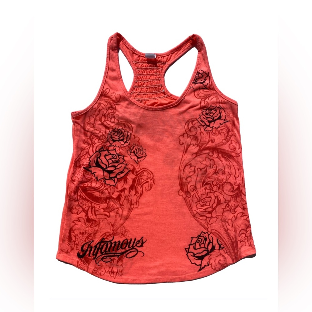 Infamous Women’s Orange Tattoo Rose Tank Top Size Large